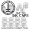 Available at True Tattoo Supply. The True Tattoo Ink Caps feature a wide flat bottom base that prevents ink spillage so no need for ink cap holders or ointment piles to hold your caps up. True Tattoo Ink Caps are available in a variety of three sizes in clear for best ink visibility! Clear color, and available in a clear bag Small (10mm), Medium (13mm), Large (18mm) 10mm - Small - 1000 13mm - Medium - 1000 18mm - Large - 500