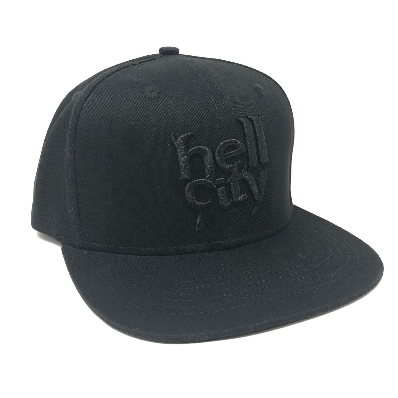 Available at True Tattoo Supply. The all NEW Hell City Black Logo Hat is a Hell City legendary hat! Super cozy Flat Rim, Snap Back Tattoo Hat from Hell! Grab yours today! One size fits all! All Black Hat, Black threading, Black snapback.