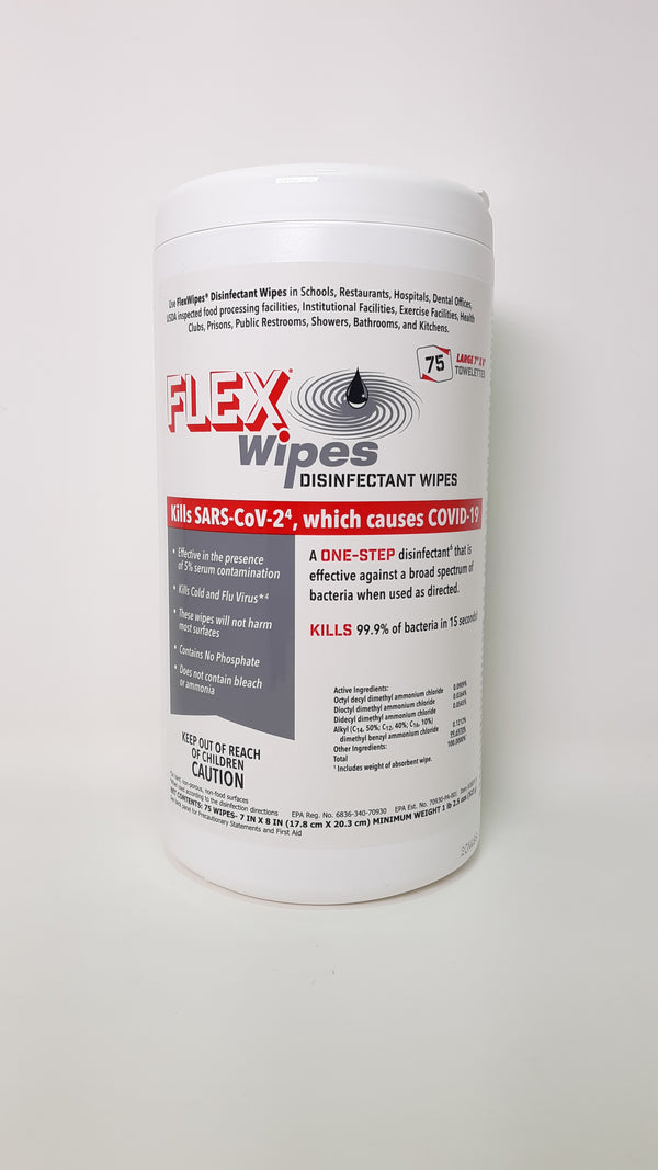 Available at True Tattoo Supply. FLEXWIPES Disinfectant wipes Starts killing bacteria on contact Kills 99.9% of bacteria in 15 seconds Kills MRSA, E. Coli, Hepatits B & C, Herpes, Influenza and more... Proudly made in USA Quality guaranteed Proven "one-step" disinfectant-cleaner which is effective in the presence of 5% serum (bodily fluids) contamination. This item includes six 75 count canisters.