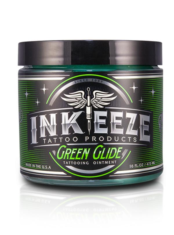 Available at True Tattoo Supply. Green Glide Tattoo Ointment 16oz Jar by INK-EEZE  The Green Glide tattoo ointment is a vitamin a, c, d and e ointment. It is formulated with lavender, licorice, green tea and pomegranate extract, used together to help soothe the skin and create a moisture barrier. Also, this is 100% vegan!