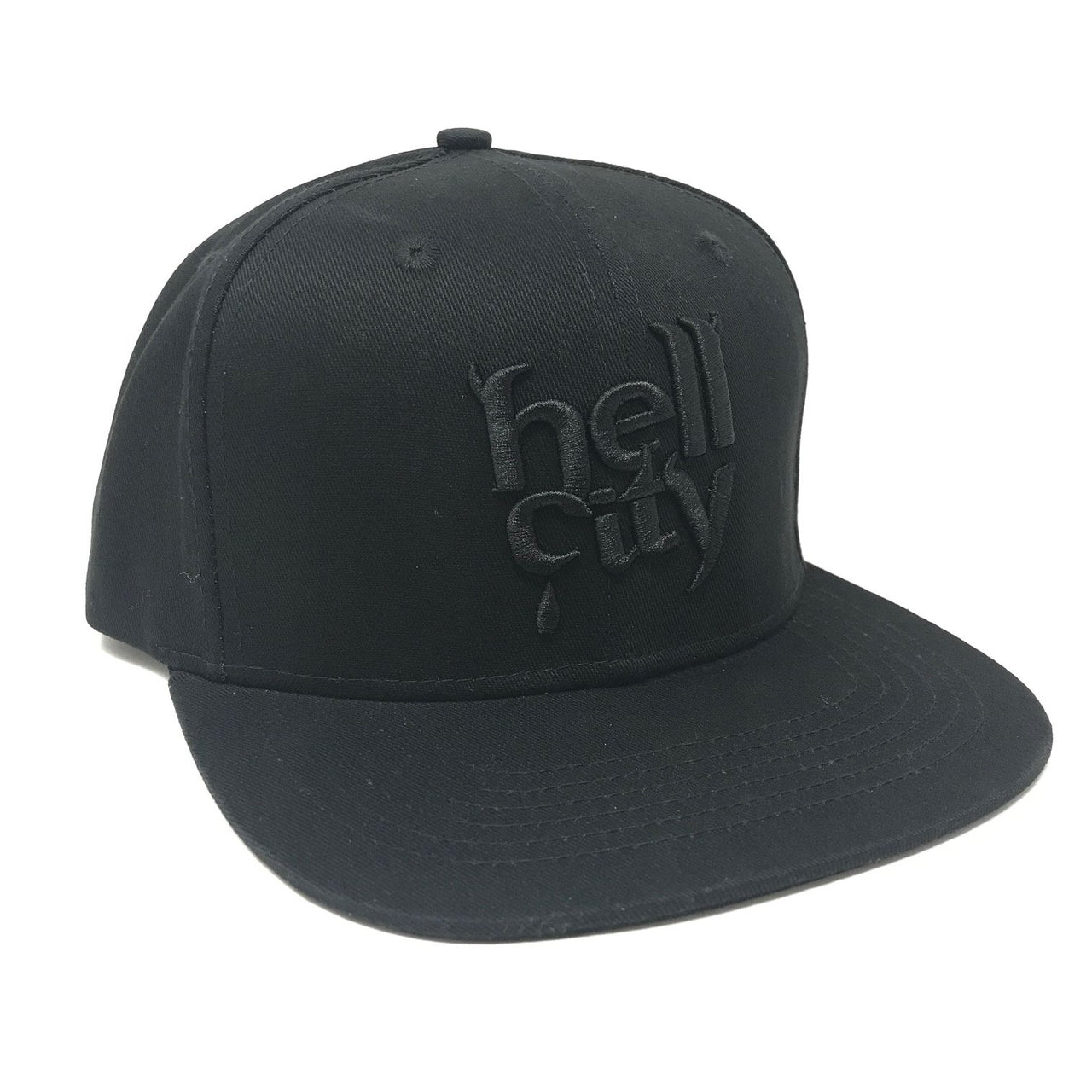 Available at True Tattoo Supply. The all NEW Hell City Black Logo Hat is a Hell City legendary hat! Super cozy Flat Rim, Snap Back Tattoo Hat from Hell!  Grab yours today! One size fits all! All Black Hat, Black threading, Black snapback.